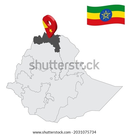 Location Tigray Region on map Ethiopia. 3d location sign similar to the flag of  Tigray. Quality map  with  provinces Ethiopia for your design. EPS10