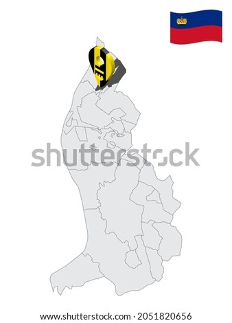 Location of Schellenberg on map Liechtenstein. 3d location sign similar to the flag of Schellenberg. Quality map  with regions  Principality of Liechtenstein for your design. EPS10.