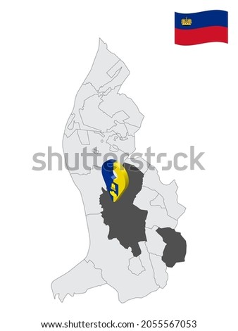 Location of Triesenberg on map Liechtenstein. 3d location sign similar to the flag of Triesenberg. Quality map  with regions  Principality of Liechtenstein for your design. EPS10.