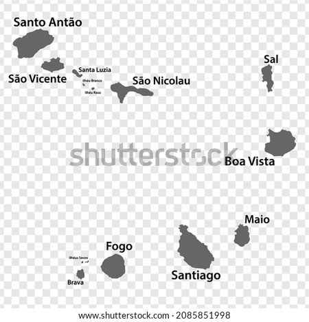 Blank map Cape Verde  in gray. Every Island map is with titles. High quality map of  Cape Verde with districts on transparent background for your  design.  Africa. EPS10.