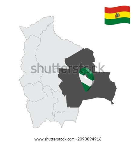 Location Santa Cruz Department  on map Bolivia. 3d location sign similar to the flag of Santa Cruz. Quality map  with Departments of  Bolivia for your design. EPS10