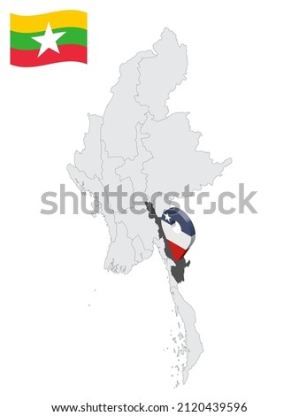 Location of  Kayin State on map Myanmar. 3d Kayin flag map marker location pin. Quality map with Regions of  Myanmar for your design. EPS10.