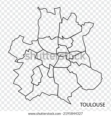 High Quality map of Toulouse is a city of France, with borders of the districts. Map of Toulouse for your web site design, app, UI. UK. Occitania. EPS10.