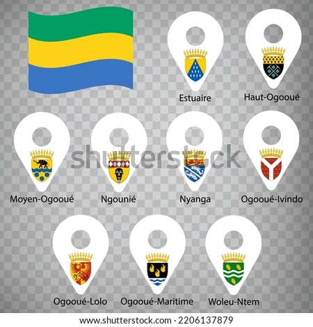 Nine flags the Provinces of Gabon-  alphabetical order with name.  Set of 2d geolocation signs like flags Regions of Gabon. Nine  one 2d geolocation signs for your design. EPS10