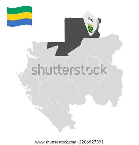 Location  Woleu-Ntem Province  on map Gabon. 3d location sign similar to the flag of  Woleu-Ntem Province. Quality map  with  Regions of the Gabon for your design. EPS10