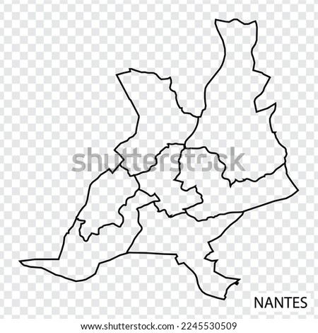 High Quality map of Nantes is a city of France, with borders of the districts. Map of  Nantes for your web site design, app, UI. Pays de la Loire. EPS10.