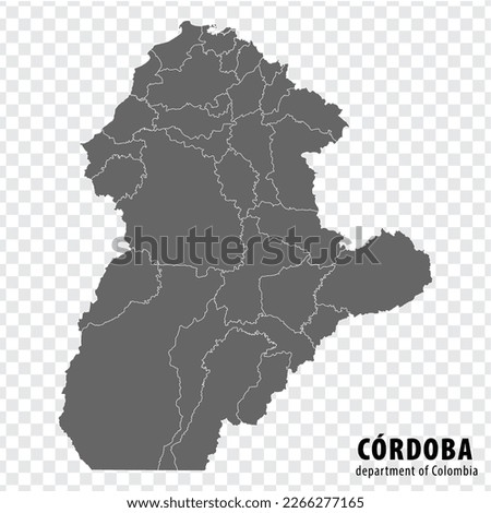 Blank map Cordoba Department of Colombia. High quality map Cordoba with municipalities on transparent background for your web site design, logo, app, UI. Colombia.  EPS10.