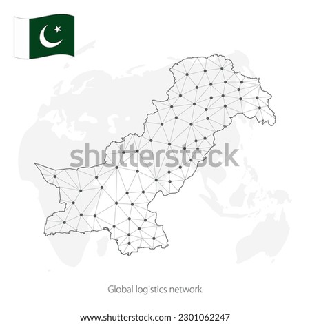 Global logistics network concept. Communications network map of Pakistan on the world background.  Map of  Pakistan with nodes in polygonal style and national flag.  EPS10.