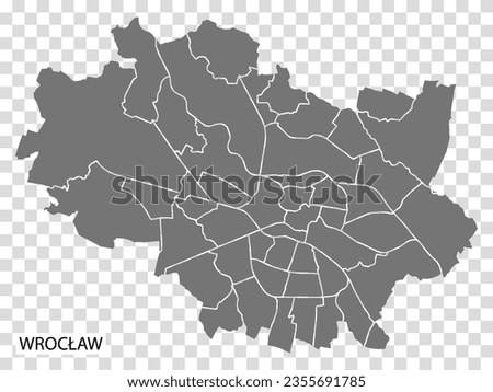 High Quality map of Wroclaw is a city  Poland, with borders of the regions. Map of Wroclaw for your web site design, app, UI. EPS10.