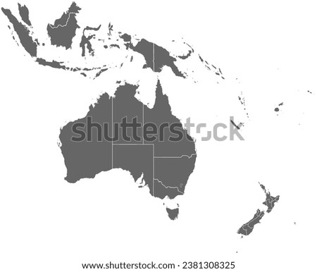 Blank map Australia and New Zealand. Detailed map of Australia with States  and territories and all Regions of New Zealand. Template.  EPS10.