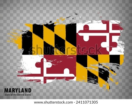 Flag of Maryland from brush strokes. United States of America.  Waving flag Maryland with title on transparent background for your web site design, app, UI. Stock vector. Vector illustration. EPS10.