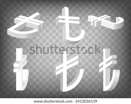Set of perspective projections 3d Turkish lira Sign model icons on transparent background.  High detailed 3d sign of Turkish lira.  Abstract concept of graphic elements for your design. EPS 10