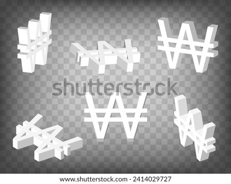 Set of perspective projections 3d South Korean won Sign model icons on transparent background.  High detailed 3d sign of South Korean won.  Abstract concept of graphic elements for your design. EPS 10