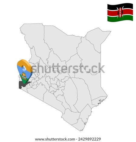 Location Homa Bay County on map Kenya. 3d Homa Bay County location sign. Flag of Kenya. Quality map with  Counties of Kenya for your web site design, logo, app, UI. EPS10.