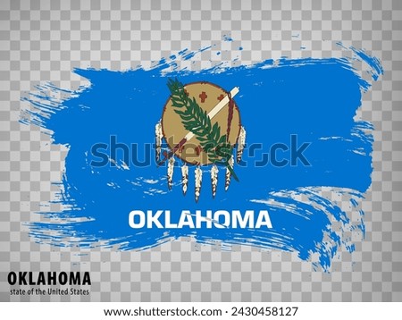 Flag of Oklahoma from brush strokes. United States of America.  Waving Flag Oklahoma with title on transparent background for your web site design, app, UI. Stock vector. EPS10.