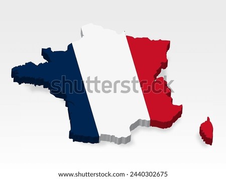 3D  France map with flag. Three dimensional map of France  with shadow. Flag of France on white background for your design, app, UI.  Stock vector. EPS10. 