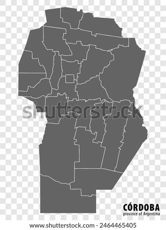 Blank map Cordoba Province of Argentina. High quality map Province of Cordoba with districts on transparent background for your web site design, logo, app, UI. Argentine Republic.  EPS10.