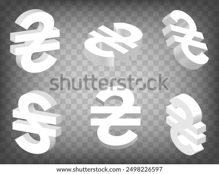 Set of perspective projections 3d Hryvnia Sign model icons on transparent background.  High detailed 3d sign of  Ukrainian hryvnia.  Abstract concept of graphic elements for your design. EPS 10