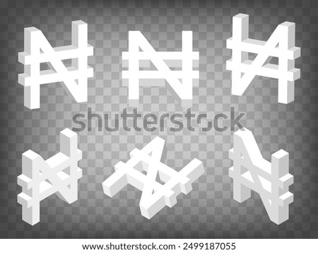 Set of perspective projections 3d Nigerian Naira Sign model icons on transparent background.  High detailed 3d sign of  Naira.  Abstract concept of graphic elements for your design. EPS 10