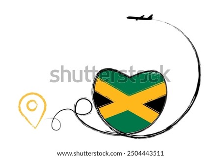 Flag Jamaica. Heart, love romantic travel. Symbol of airplane, air plane, aircraft, aeroplane, flying, fly jet airline. Line path. Vector location pointer route. Travel for your web site design EPS10.