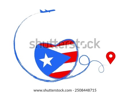 Flag Puerto Rico. Heart, love romantic travel. Symbol of airplane, air plane, aircraft, aeroplane, flying, fly jet airline. Line path. Vector location pointer route. Travel for your design, logo, UI. 