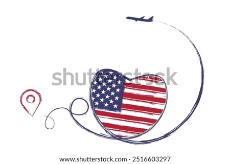 Flag United States. Heart, love romantic travel. Symbol of airplane, air plane, aircraft, aeroplane, flying, fly jet airline. Line path. Vector location pointer route. Travel for your web site design