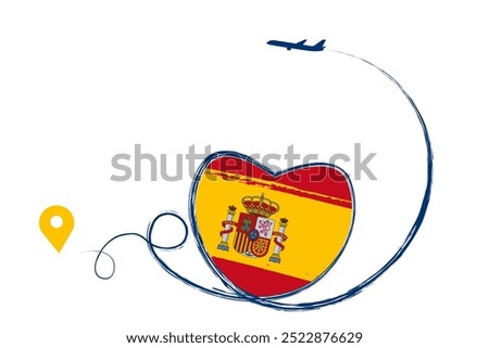 Flag of Spain. Heart, love romantic travel. Symbol of airplane, air plane, aircraft, aeroplane, flying, fly jet airline. Line path. Vector location pointer route. Travel for your design, logo, app, UI