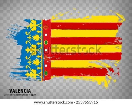 Flag of Valencia brush strokes. Waving Flag Autonomous Community Valencia with title  on transparent background for your web site design, logo, app, UI. Kingdom of Spain. Stock vector.  EPS10.