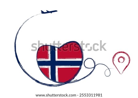 Flag of Norway. Heart, love romantic travel. Symbol of airplane, air plane, aircraft, aeroplane, flying, fly jet airline. Line path. Vector location pointer route. Travel for your design, logo, EPS10.