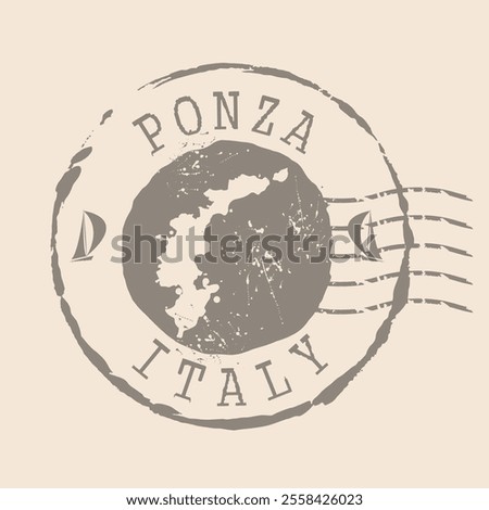 Stamp Postal of Ponza island. Map Silhouette rubber Seal.  Design Retro Travel. Seal  Map Ponza of Italy grunge  for your design.  EPS10