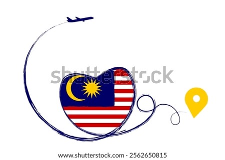 Flag of Malaysia. Heart, love romantic travel. Symbol of airplane, air plane, aircraft, aeroplane, flying, fly jet airline. Line path. Vector location pointer route. Travel  design, logo, app, UI. EPS