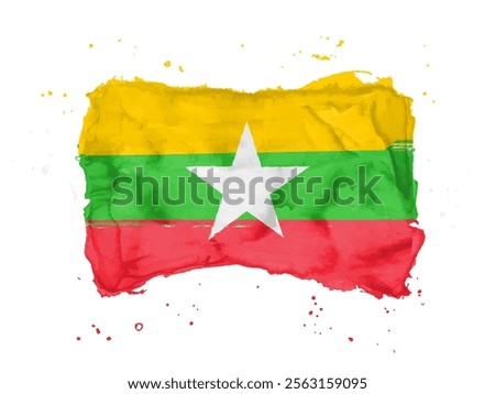 Flag of Myanmar brush stroke background.  Flag Republic of the Union of Myanmar on white background. Watercolor style for your web site design, app, UI.  EPS10.