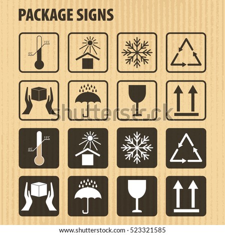 Vector packaging symbols on vector cardboard background. Icon set including fragile, this side up, handle with care, keep dry and other caution handling symbols. Stock vector. Flat design.