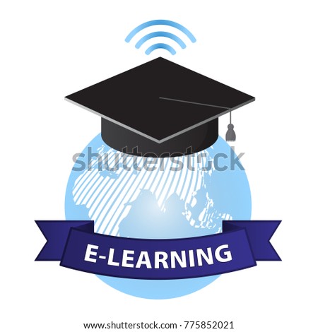 Concept of remote learning. E-learning school university illustration. Globe in an academic cap with an Internet network symbol.  Vector illustration EPS10. 