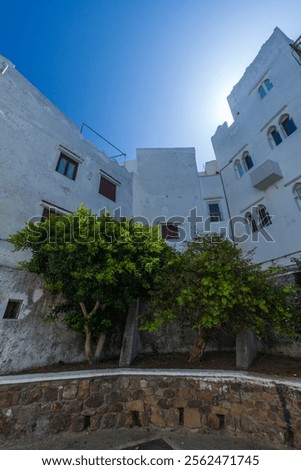 Similar – Image, Stock Photo View of authentic balcony. Carpets hang on balcony in the sun. Facade of residential building, copy space