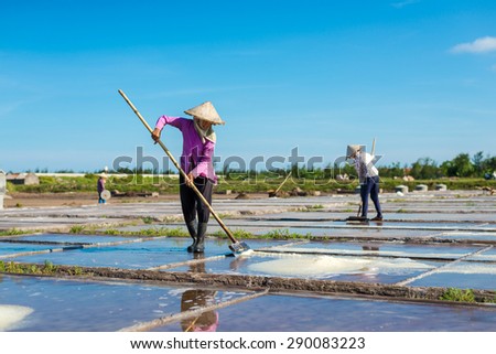 NamDinh, VietNam - June 20, 2015: Farmer harvesting salt on field. Namdinh is province near by Hanoi- capital of Vietnam