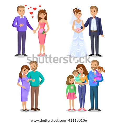 Happy family vector illustration. Young couple, wedding couple, husband and wife, couple expecting a baby.