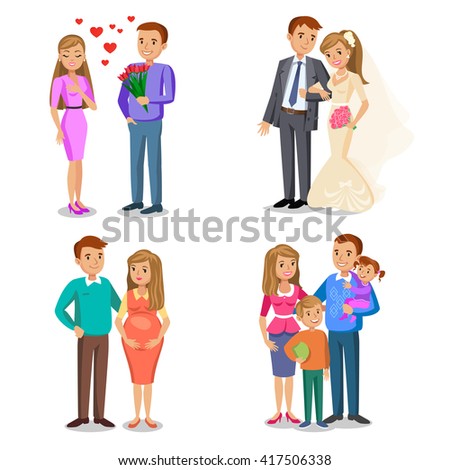 Happy family stages. Creating of happy family. Happy family vector illustration. Young couple, wedding couple, husband and wife, couple expecting a baby. Father, mother and children together