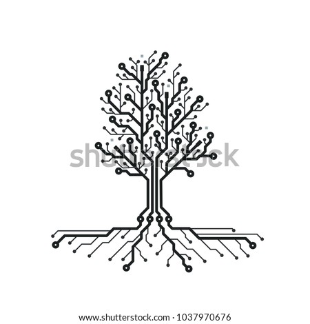 Concept circuit board tree. Futuristic background with tech tree. PCB. Black and white texture. Vector illustration.