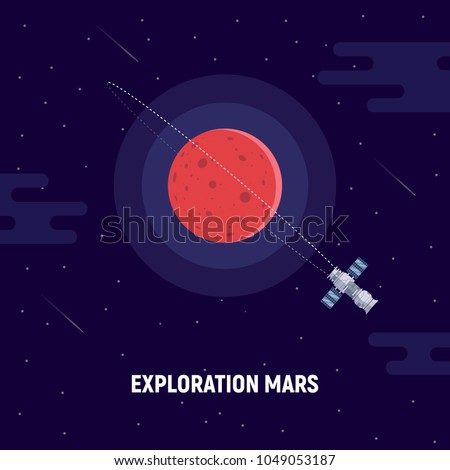 Colonization of Mars. Red planet and satellite. Concept illustration of a mission to Mars. Vector illustration in a flat style.