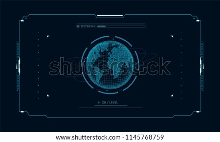 Hologram planet Earth in window virtual touchscreen user interface. Futuristic planet on control panel target screen. Concept sci fi interface for vr and video games. Vector illustration.