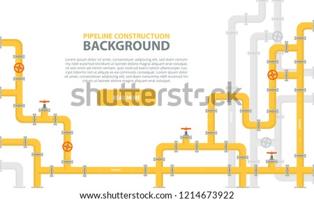 Industrial background with yellow pipeline. Oil, water or gas pipeline with fittings and valves. Web banner template. Vector illustration in a flat style.