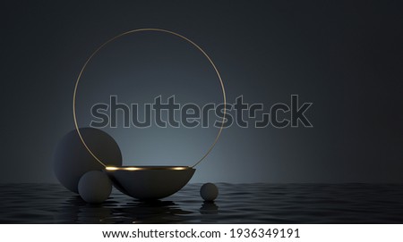 Luxury mockup golden podium with spheres over water surface for branding and packaging presentation. Black and gold natural pedestal. Cosmetic and fashion concept. 3d render. 3d illustration. Photo stock © 