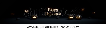 Horizontal banner Halloween background with scary faces pumpkins are glowing in dark. Black and gold template for Halloween. 3d render 3d illustration.