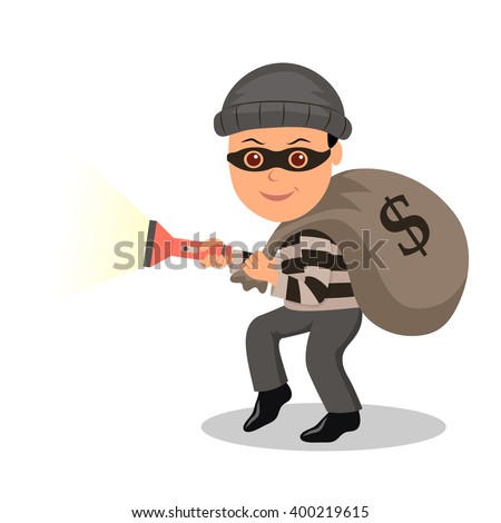 Cartoon Character Burglar In A Mask With The Stolen Bag. Male In A Mask ...