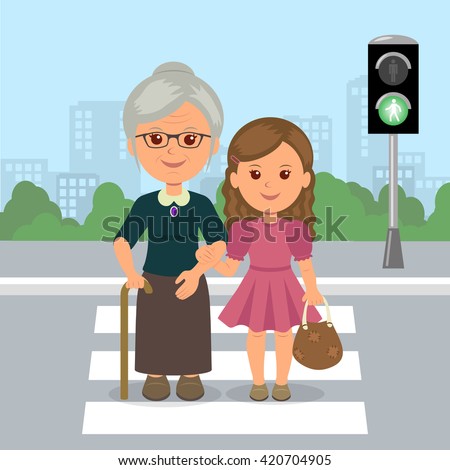 Young Girl Helps Old Woman To Cross The Road At A Pedestrian Crossing ...