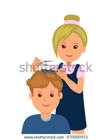 A man came into the barbershop to get a haircut. Woman hairdresser makes haircut and hair styling. Isolated vector illustration a client in the barber shop.