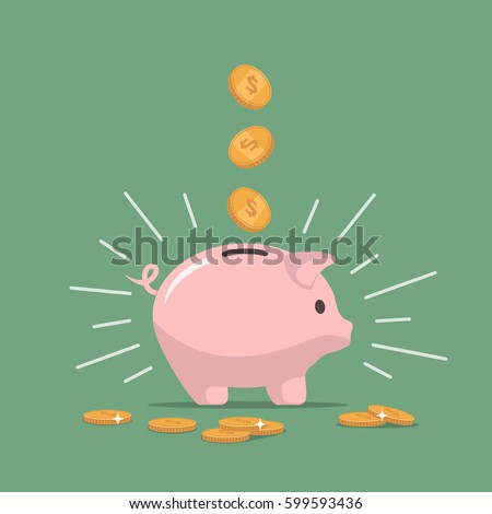 Pink piggy bank with falling coins. The concept of saving money or open a bank deposit. Investments in future. Isolated vector illustration piggy bank in flat style.