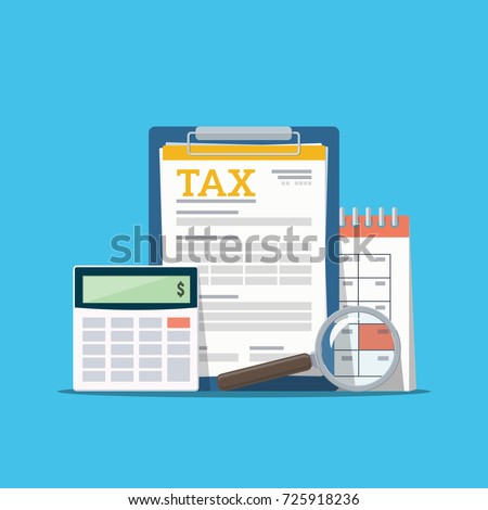 Concept tax payment. Data analysis, paperwork, financial research report and calculation of tax return. Payment of debt. Vector illustration in flat style.