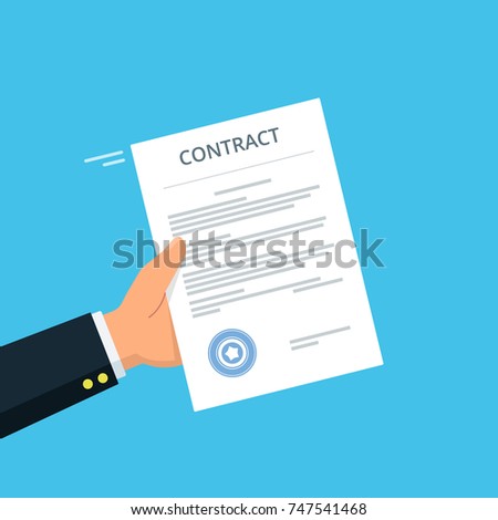 Close-up of person hands with contract agreement. Business concept of contract signing. Vector illustration in flat style.